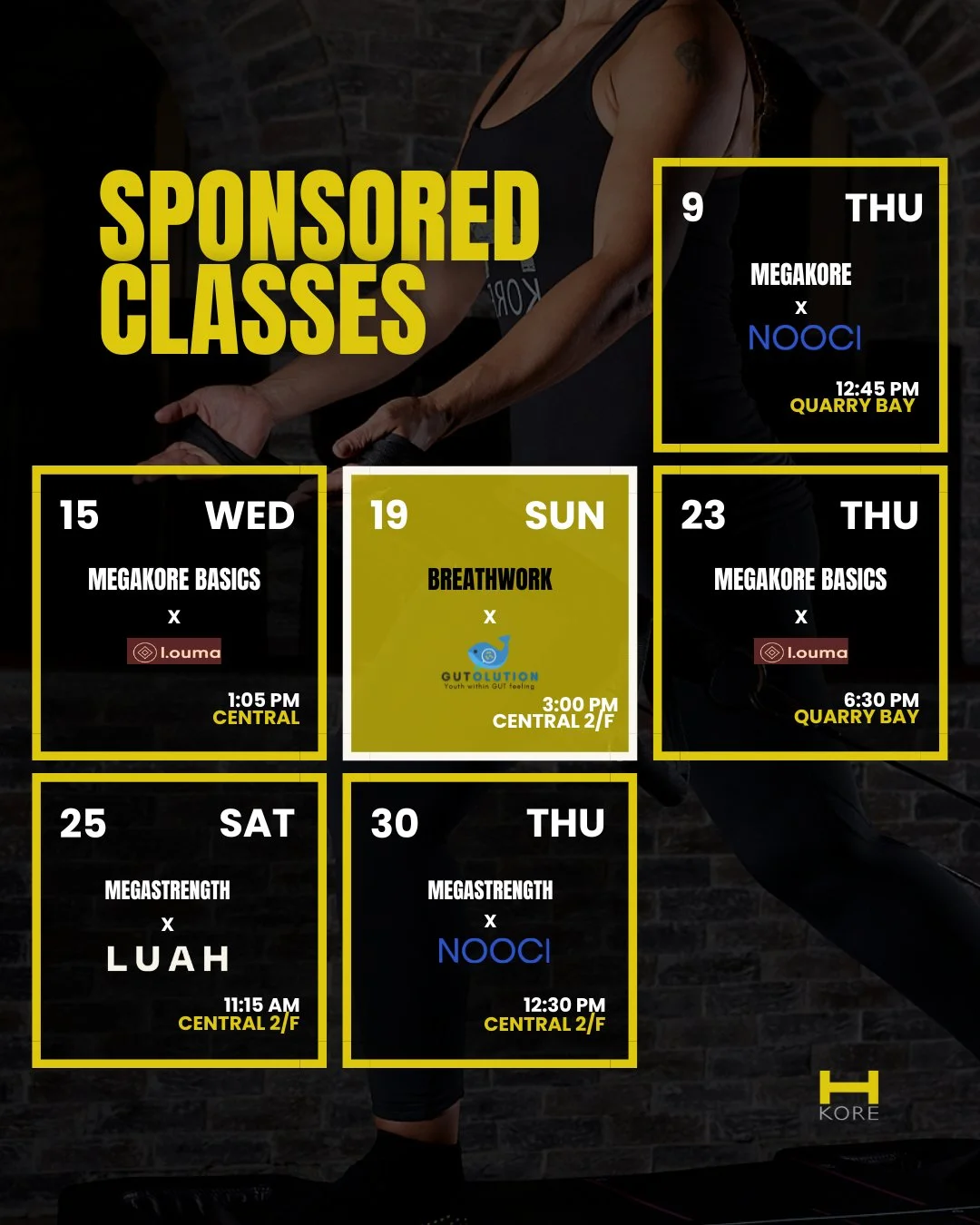 As we prep for the 20:30 Solo challenge in May, come to our sponsored MegaKore and MegaCircuit classes to sample the challenge ahead. Complimentary goodies with every class. 

For those new to H-Kore or who have never participated in the 20:30 challe