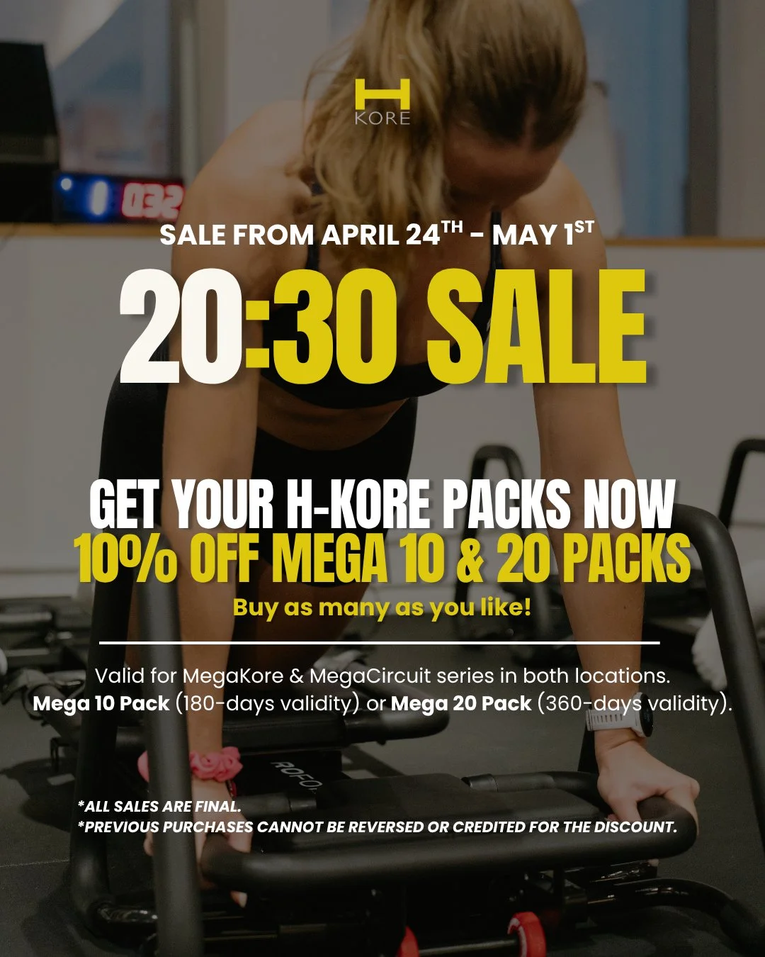 1 WEEK TO GO: GEAR UP WITH 10% OFF! ⚡️🔥

The 20:30 Challenge is just 7 days away, and we&rsquo;re making sure you have everything you need to hit that finish line! To help you crush those 20 classes, we&rsquo;re giving you 10% OFF our Mega 10 &amp; 