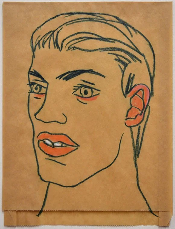 Gio Black Peter, "Alessandro" 2026. Acrylic, colored pencil, marker on treated paper bag. 6.5 x 8.5 inches. Contact: gioblackpeter@gmail.com