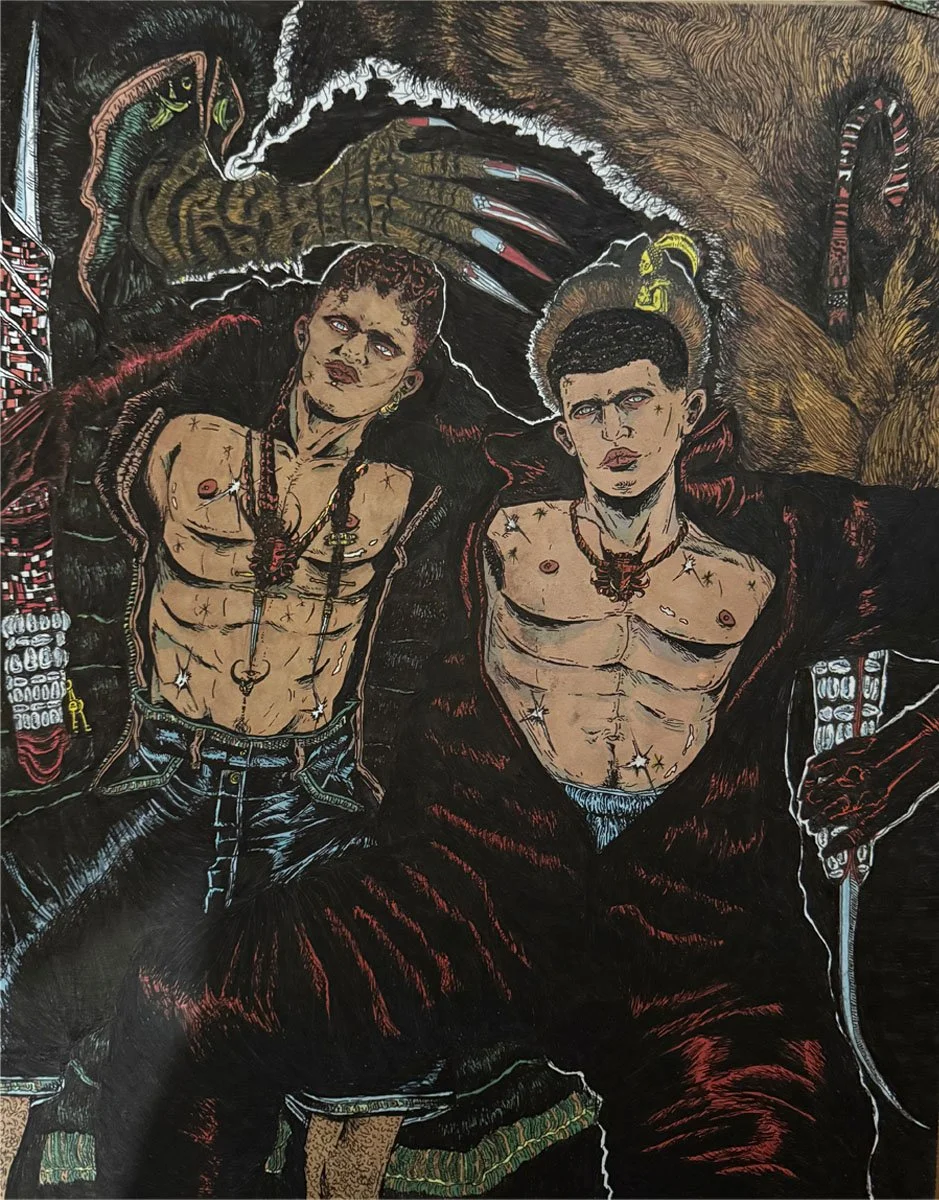 Christian Santiago, "Bemba Boys" 2026. 14 x 17 inches, 15 x18 inches w/ frame. Pen, ink, brush, marker, colored pencil. Contact: marerro390@gmail.com