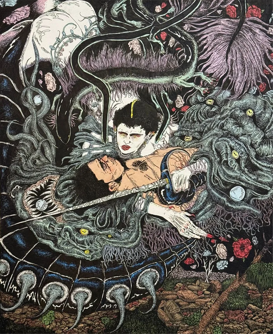 Christian Santiago, "Murky Water Nereides" 2024. Pen, ink, brush, marker, colored pencil. 14 x 17 inches, 15 x 18 inches w/ frame. Contact: marerro390@gmail.com