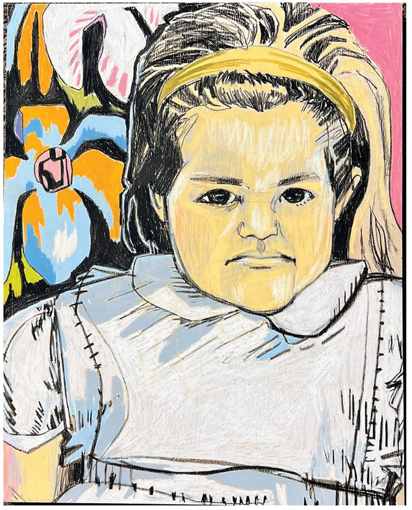 Raymond Samame, "Lil" 2026. Wax pencils on wood. 16 x 20 inches. not for sale