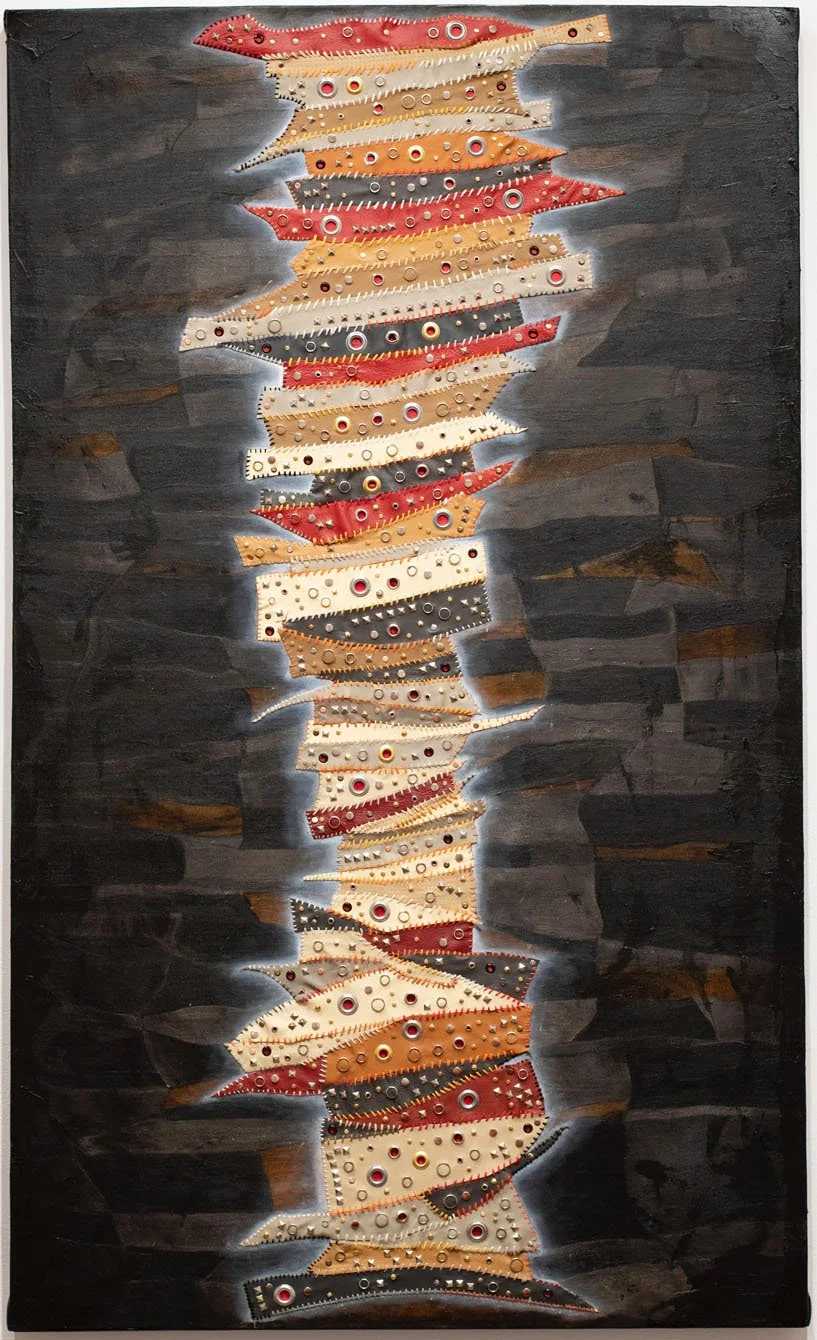 Zachary Delamater, "SkinGraft (Damaged Goods)" 2024. Oil paint, shellac, leather, embroidery floss, metal studs, grommets, rivets. 36 x 60 inches. Contact: zacharydelamater@gmail.com