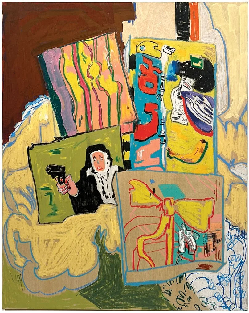 Raymond Samame, "Here she comes" 2025.
Wax pencils and acrylic paint on wood. 16 x 20 inches. Contact: raymond.samame@gmail.com