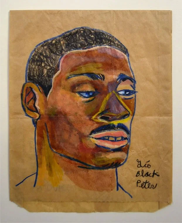 Gio Black Peter, "Mateo" 2026. Acrylic, colored pencil, marker on treated paper bag. 6.5 x 8.5 inches. Contact: gioblackpeter@gmail.com