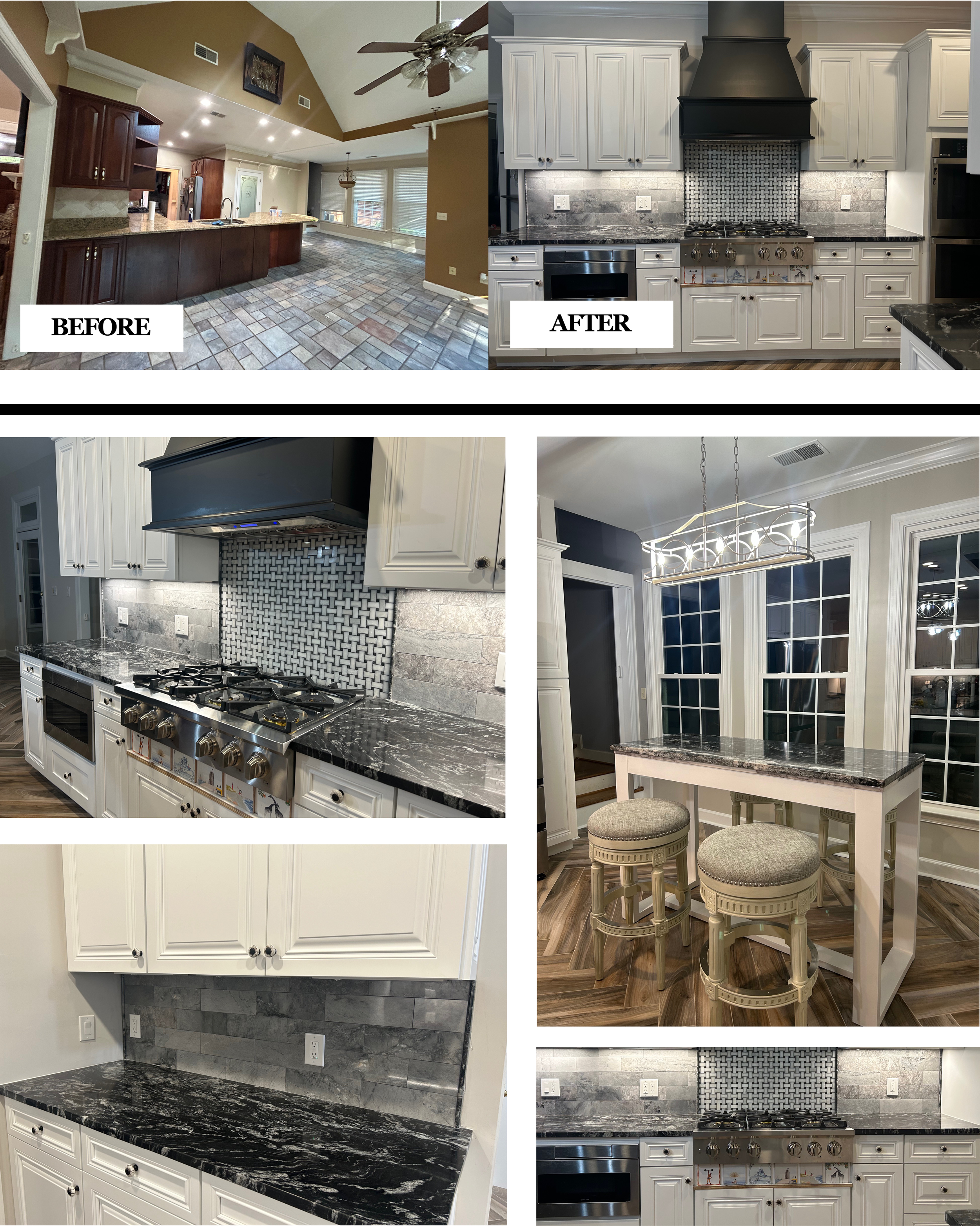 Before and after images of a kitchen renovation. The before photo shows a kitchen with dark wood cabinets, brick tile flooring, and a ceiling fan. The after photos display upgraded features including white cabinets, marble countertops, a black range hood, a tiled backsplash, and a dining area with a high table and stools.