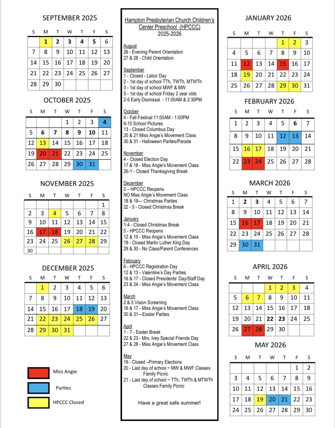 Calendar from September 2025 to May 2026 for Hampton Presbyterian Church Children's Center Preschool. The calendar notes important dates such as holidays, events, and class schedules, with color-coded indicators: red for Miss Angie, blue for parties, and yellow for HPCCC closed days.