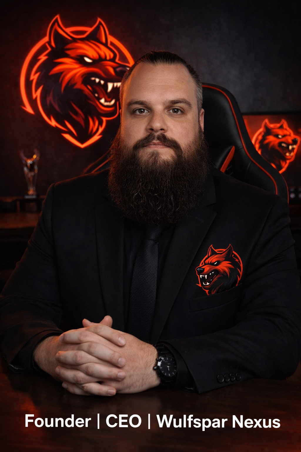 A bearded man in a black suit sitting at a desk with his hands clasped, in front of a black wall decorated with illuminated red and black wolf logo and an award trophy. The wall and shirt pocket feature the wolf logo, and there's a gaming chair behind him. Caption reads: Founder | CEO | Wulspnar Nexus.