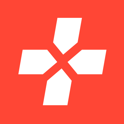 White geometric cross shape on a red background.