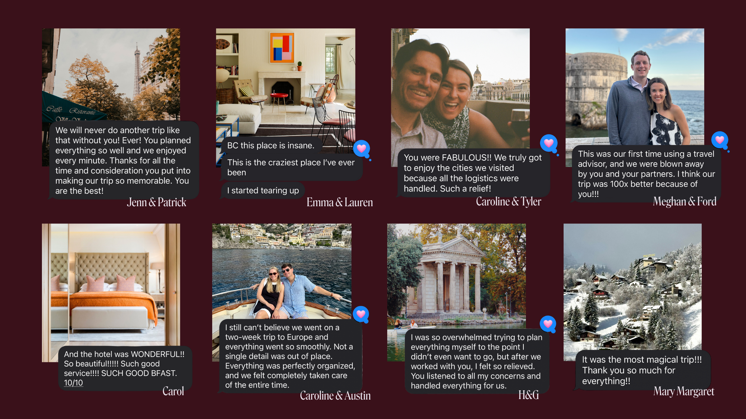 Screenshot of travel testimonials with photos and comments from different couples about their trips, including famous landmarks, hotel rooms, and scenic nature views.