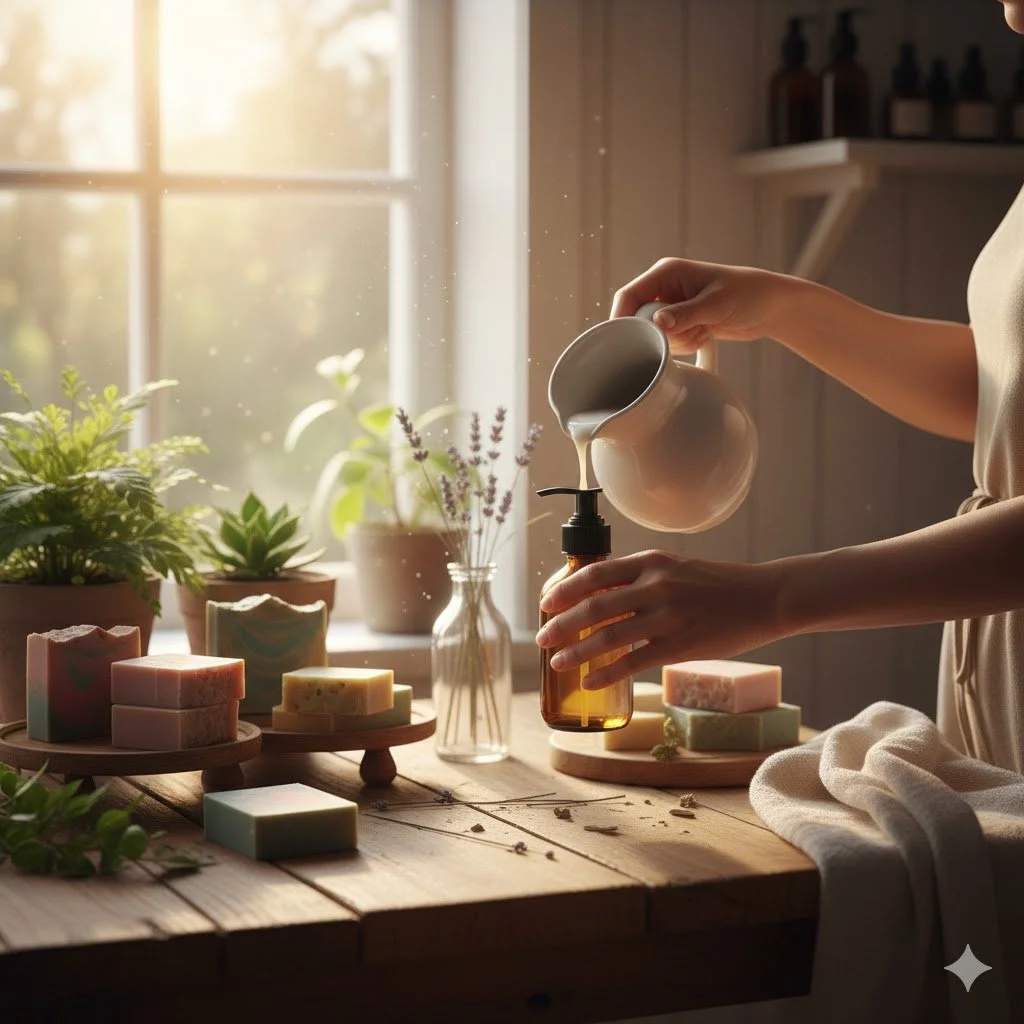 A person pouring liquid soap into a pump dispenser on a wooden table with colorful soap bars, potted plants, and a window in the background.