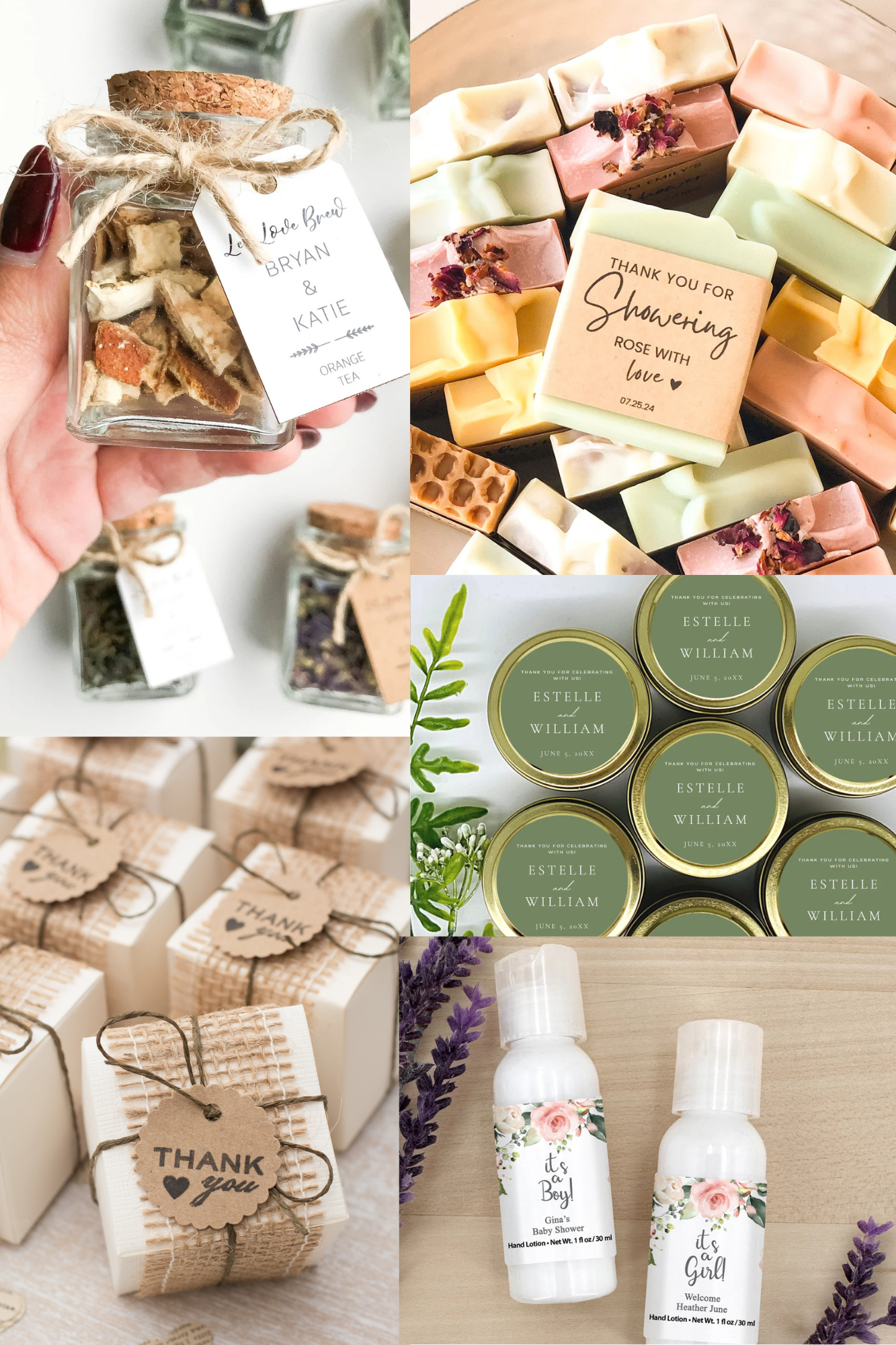 Assorted handmade soaps, jars of loose dried herbs with labels, small wrapped thank you gifts, personalized candles labeled 'Estelle and William,' and baby shower favors with bottles of hand lotion labeled 'It's a Boy!'