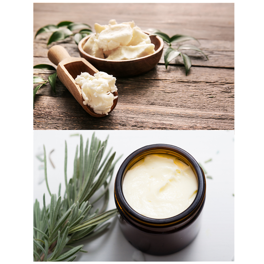 Top half shows a small wooden bowl filled with white shea butter on a rustic wooden surface with green leaves nearby. Bottom half shows an open jar of what appears to be a creamy white cosmetic product, next to sprigs of greenery.