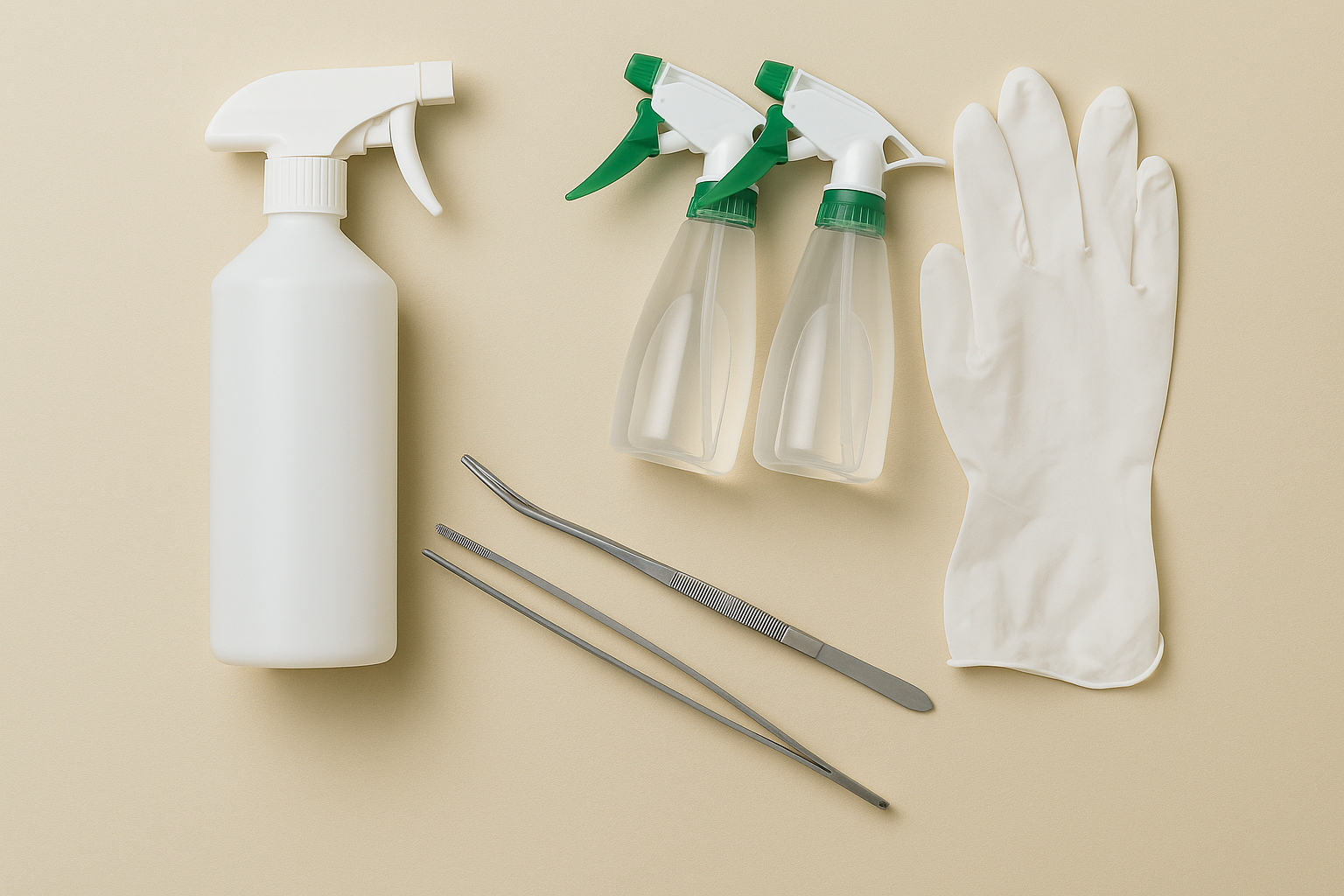 Cleaning supplies including a white spray bottle, two clear spray bottles with green nozzles, a pair of metal tweezers, a white rubber glove, and two small green and white spray bottles on a beige background.