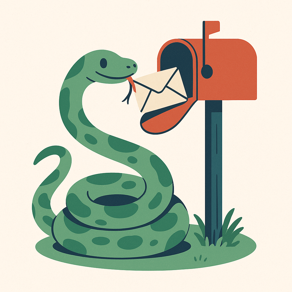 Illustration of a snake with a friendly face, holding an envelope in its mouth, placing it into a mailbox.