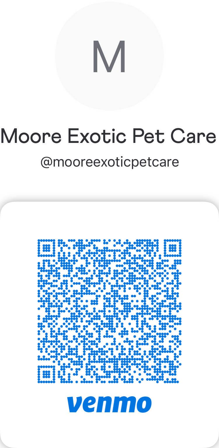 Business card for Moore Exotic Pet Care with a QR code and a Venmo logo for payment.