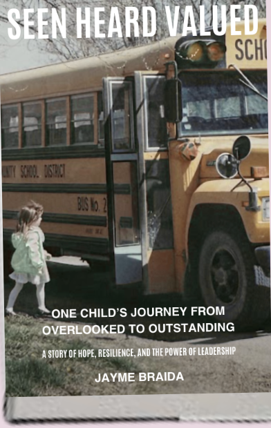Book cover titled 'Seen Heard Valued' with a photo of a young girl standing near a yellow school bus, which has the words 'School District' on it, and a partly open door.