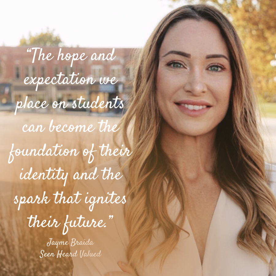 A smiling woman with long, wavy brown hair outdoors during fall, with trees and a brick building in the background, overlaid with a quote about education and students.