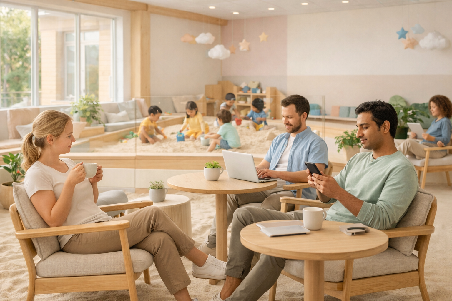People sitting at coffee tables in a cozy indoor space near a sandpit with children playing, decorated with clouds and stars hanging from the ceiling.