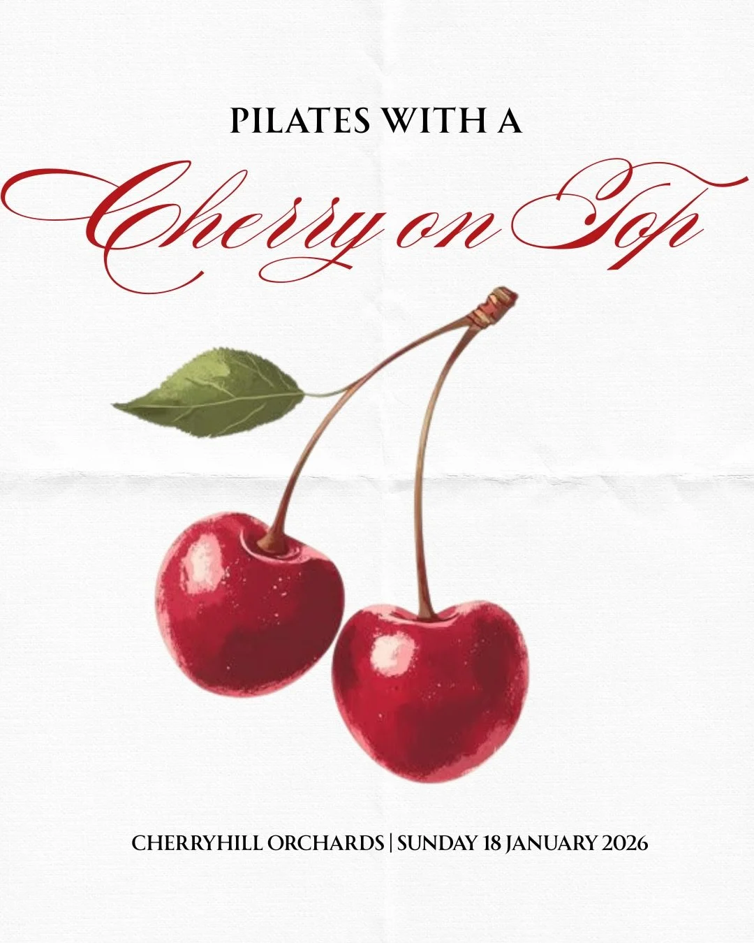 Pilates with a Cherry on Top 🍒

Nestled between the cherry trees, this might be the best place you&rsquo;ve ever done Pilates. 

🍒 Sunday 18 January, 11am 
📍CherryHill Orchards
&hearts;️ all the cherry things 

Plus! Feel welcome to stay on the Ch