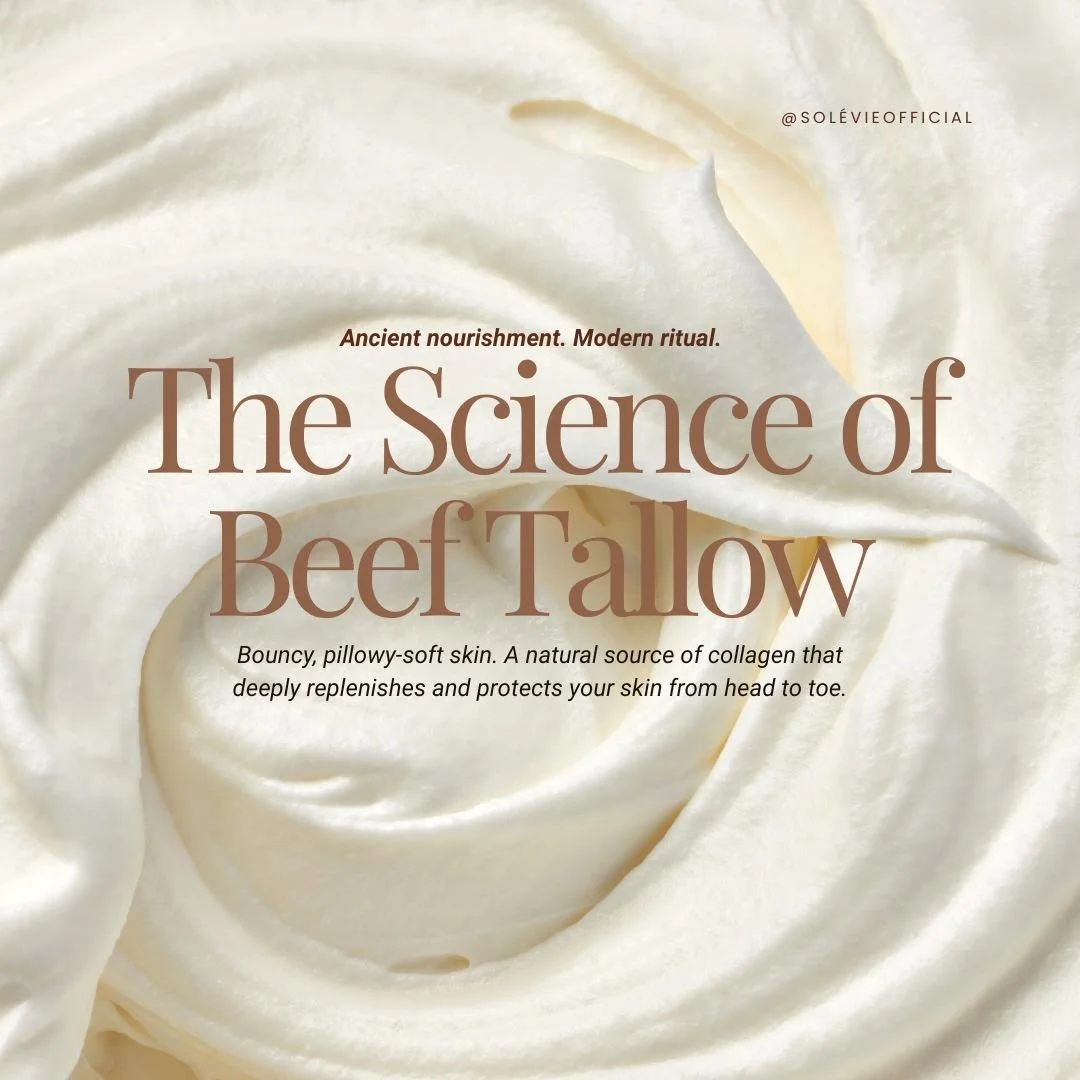 Close-up of whipped or creamy substance, possibly butter or lotion, with text overlay about the science of beef tallow on a soft, light background.