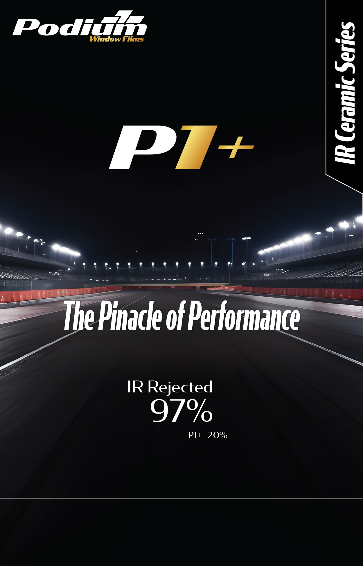 Nighttime view of a race track illuminated with bright lights, promoting Podium Window Films' IR Series P1+ IR film, highlighting performance and rejection rates.