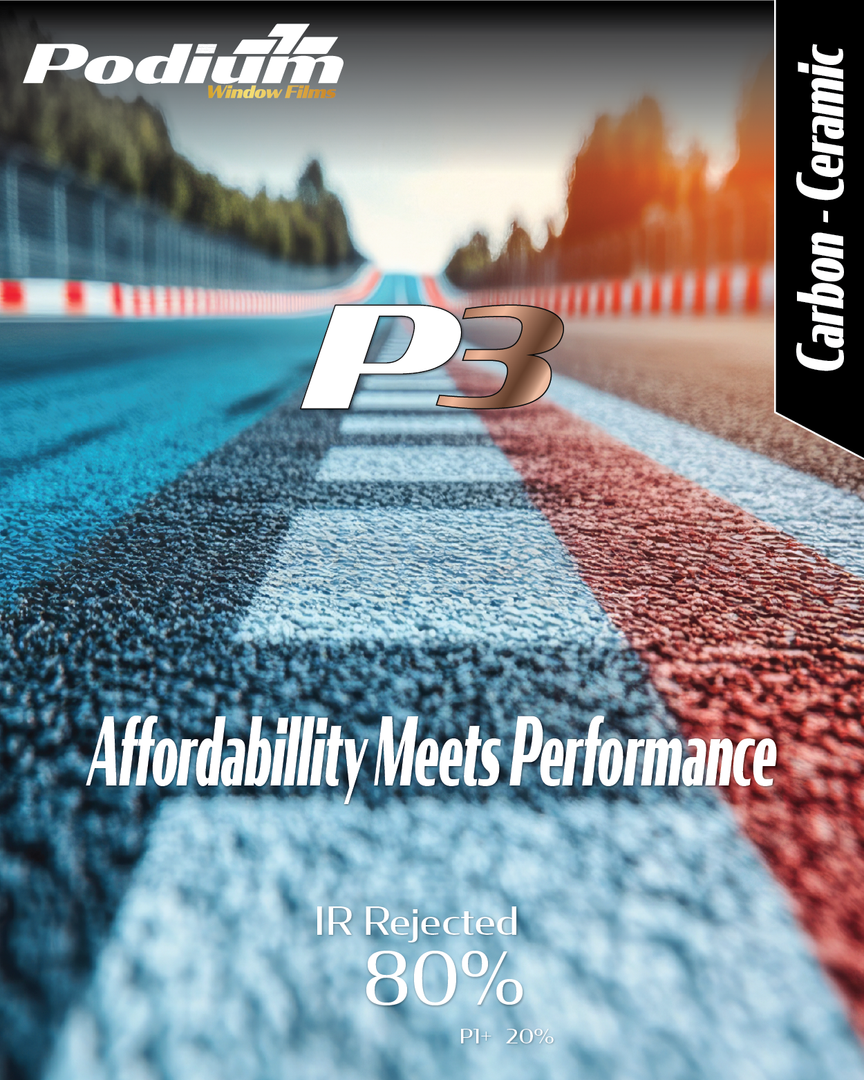 A racing track with blue and red lines, blurred background of trees and a cloudy sky. The text 'Podiiuk Window Films' is at the top left. Large 'P3' in the center. The slogan 'Affordability Meets Performance' is at the bottom, with 'IR Rejected 80%' and 'PI+ 20%' below.