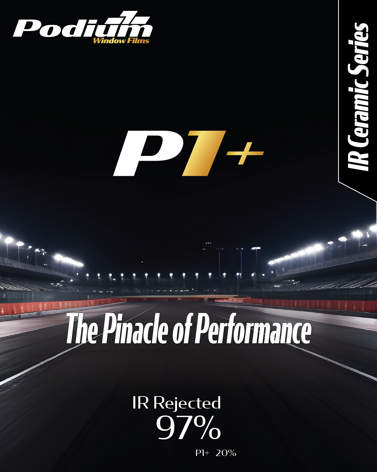 Nighttime race track illuminated with bright lights, empty without cars, and text promoting IR ceramic series window films, P1+, with a tagline about performance and IR rejection of 97%.