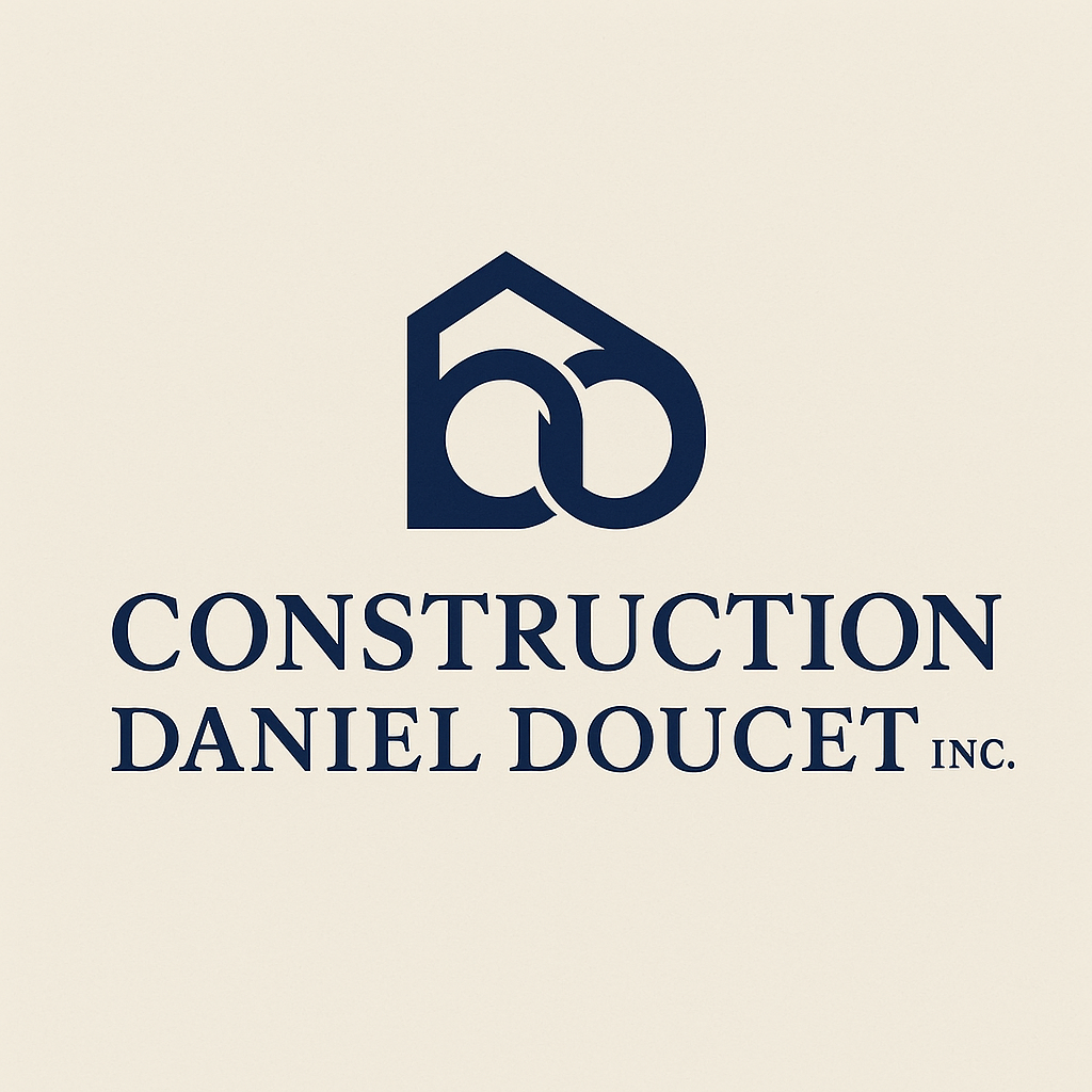 Logo de l'entreprise Construction Daniel Doucet Inc. avec une icône représentant une maison stylisée en bleu et le nom de l'entreprise en dessous.