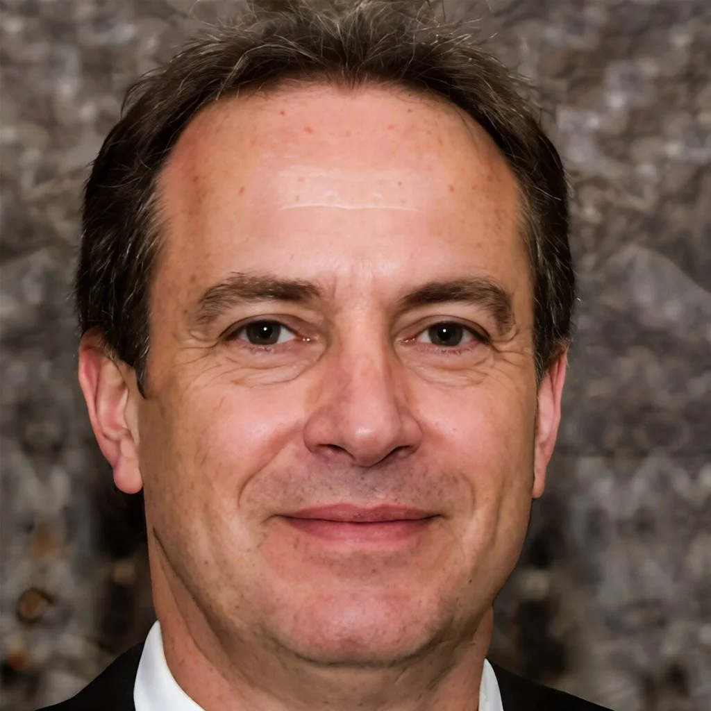 A close-up portrait of a middle-aged man with brown hair, fair skin, and green eyes, smiling slightly, against a blurred stone wall background.