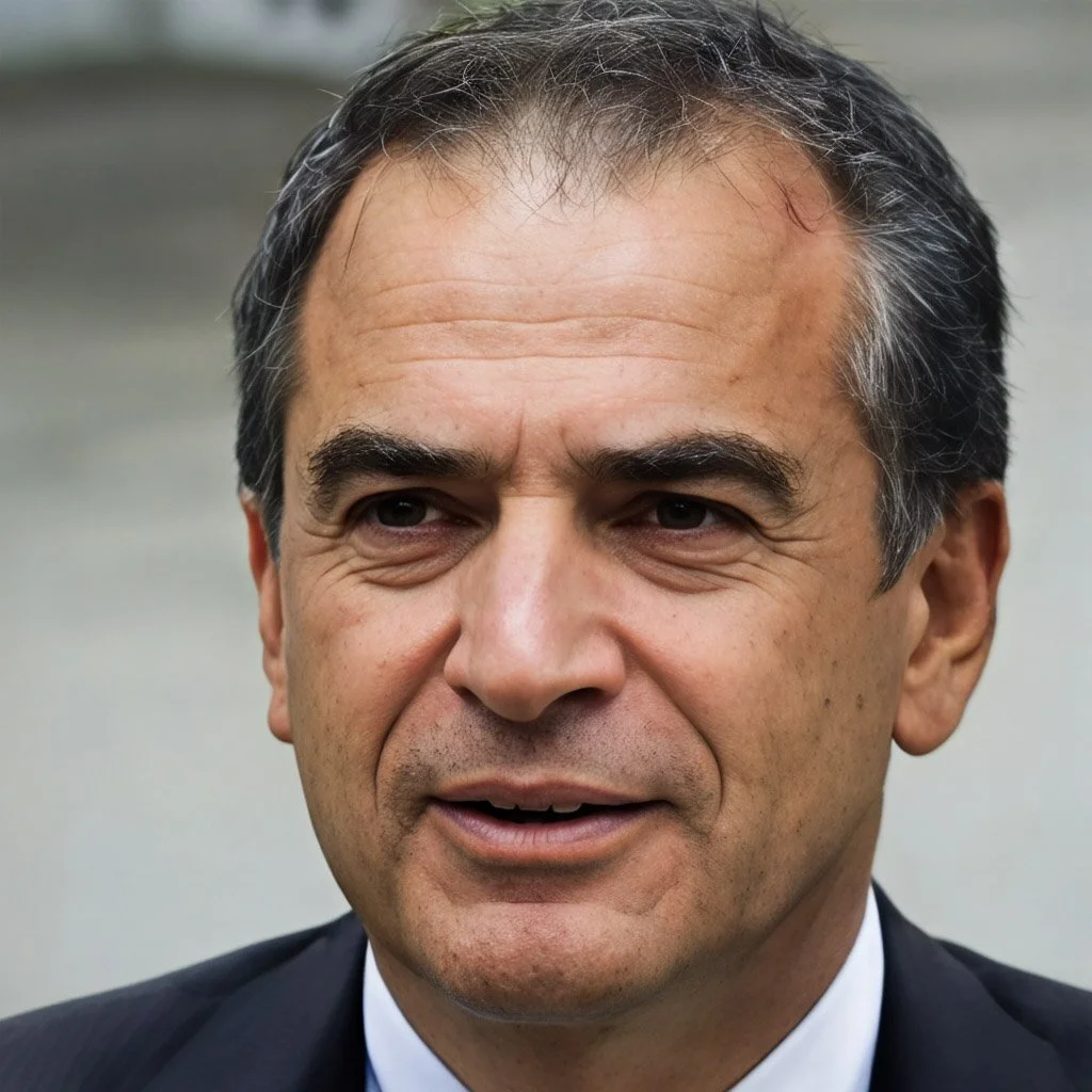 Close-up of a middle-aged man with dark hair, greying at the temples, wearing a dark suit and white shirt.