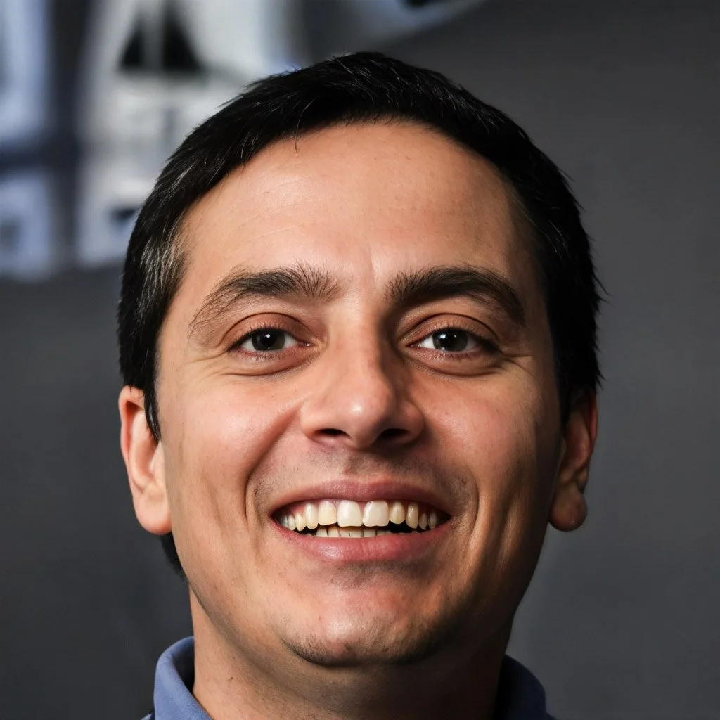 Close-up portrait of a smiling man with short dark hair, light skin, and wearing a blue shirt.