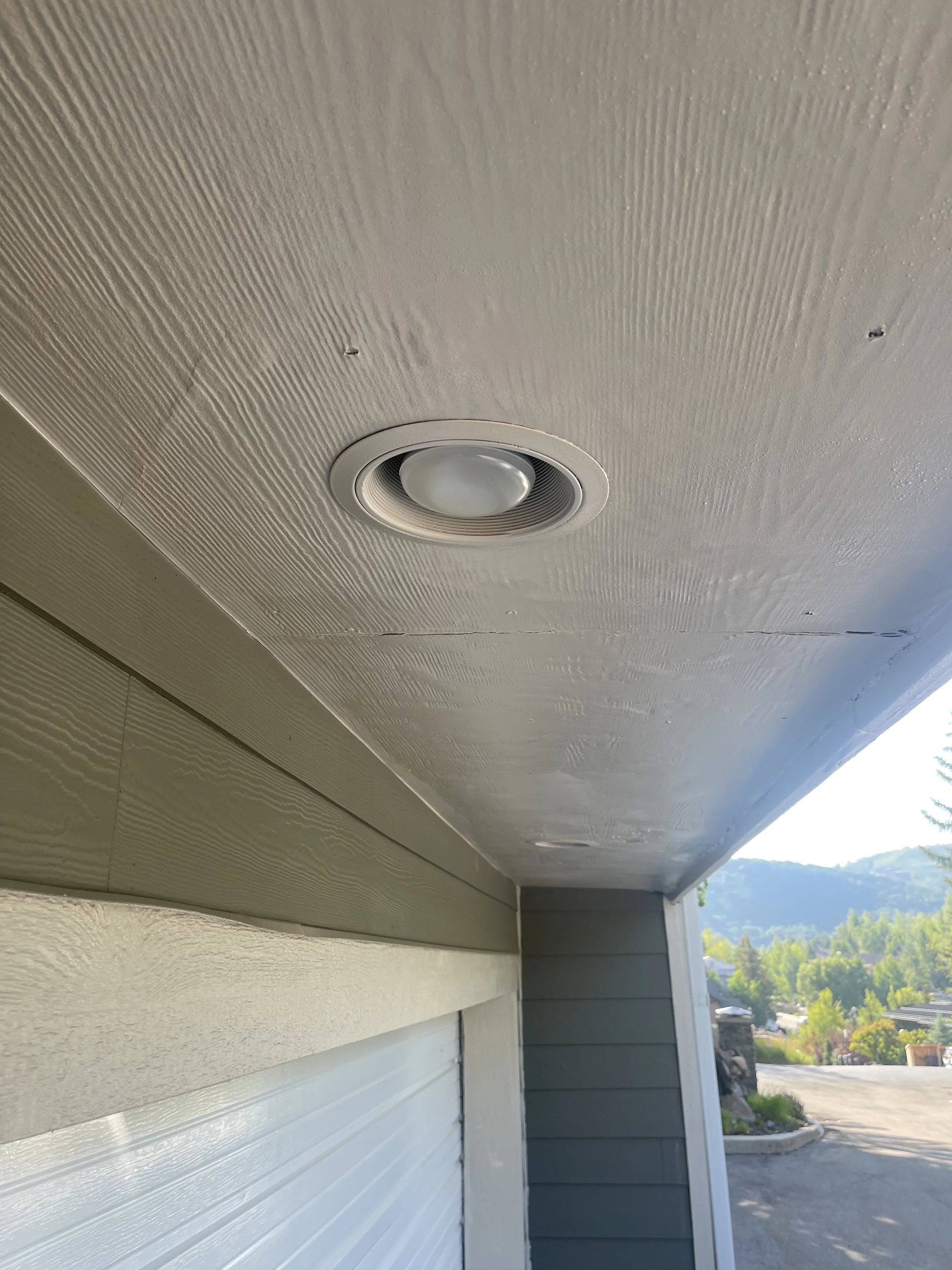 Close-up of a house's exterior ceiling with a round recessed light fixture and two small dark holes, with a view of trees, mountains, and a driveway outside.