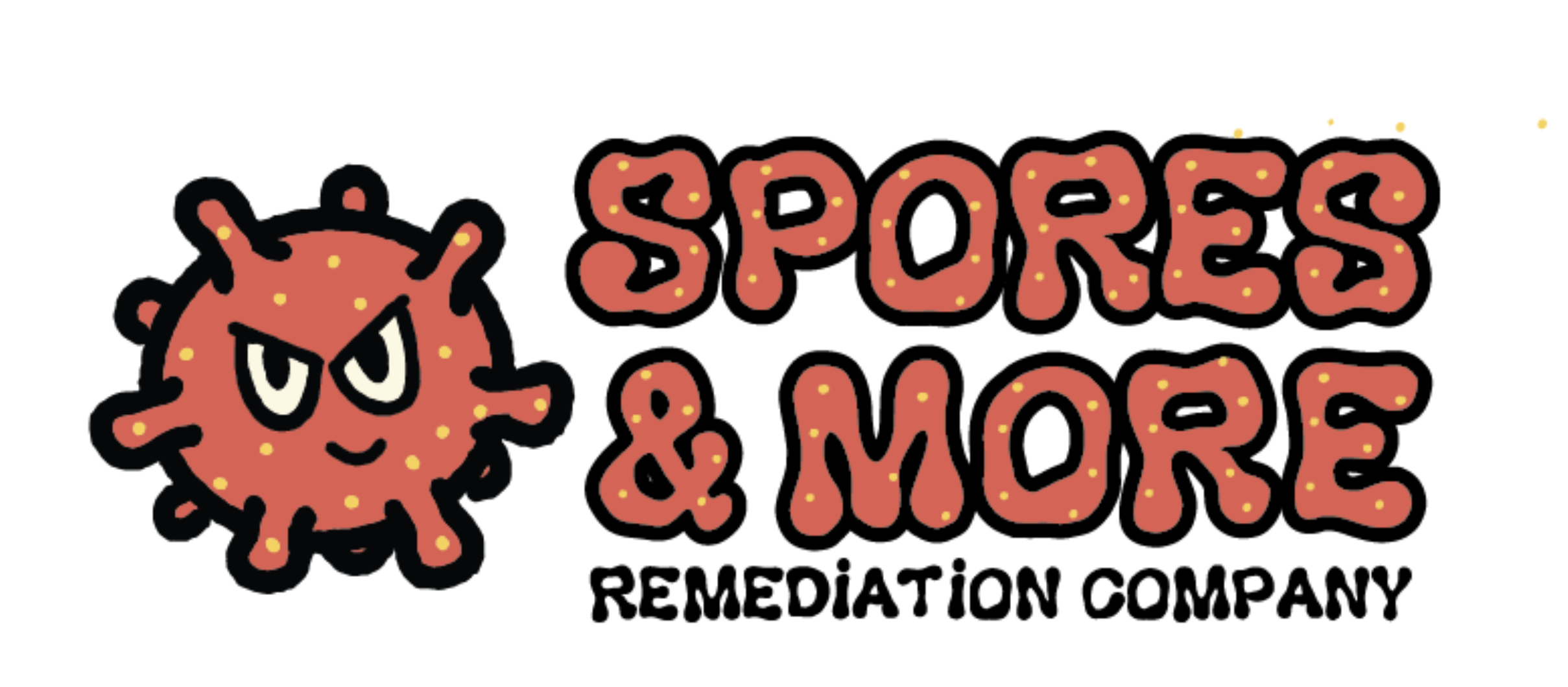 Logo of a company called 'Sports & More Remediation Company' featuring a cartoonish angry red germ with black outline, and bold red text with black border.