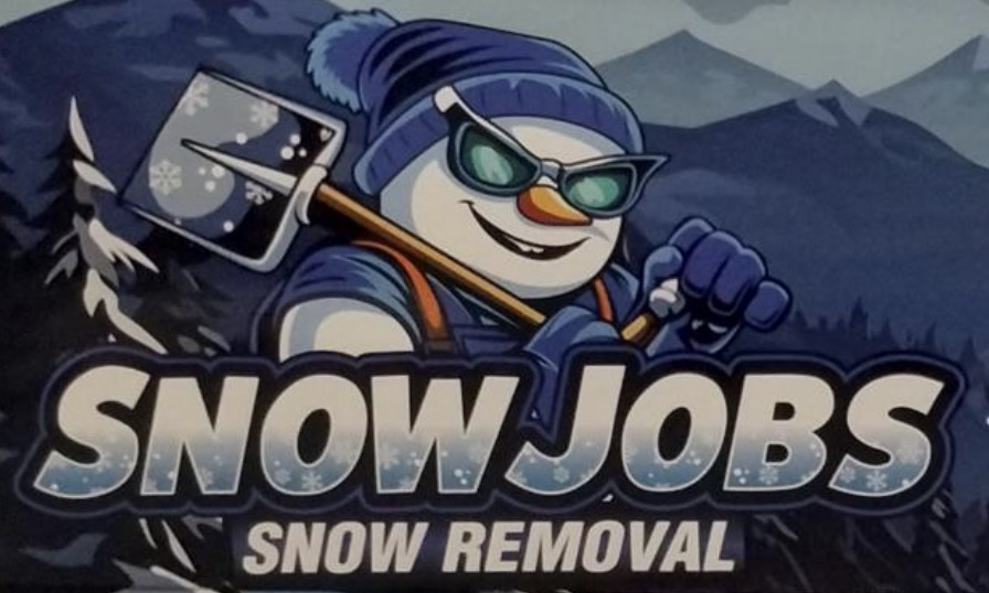 Cartoon penguin wearing sunglasses and a beanie, holding a snow shovel, with mountains in the background. Text reads 'Snow Jobs' and 'Snow Removal'.