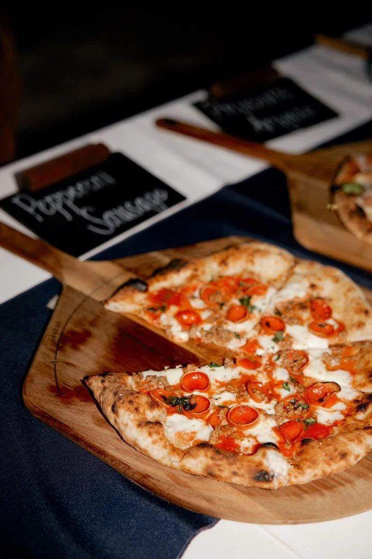 Pizza with a menu sign
