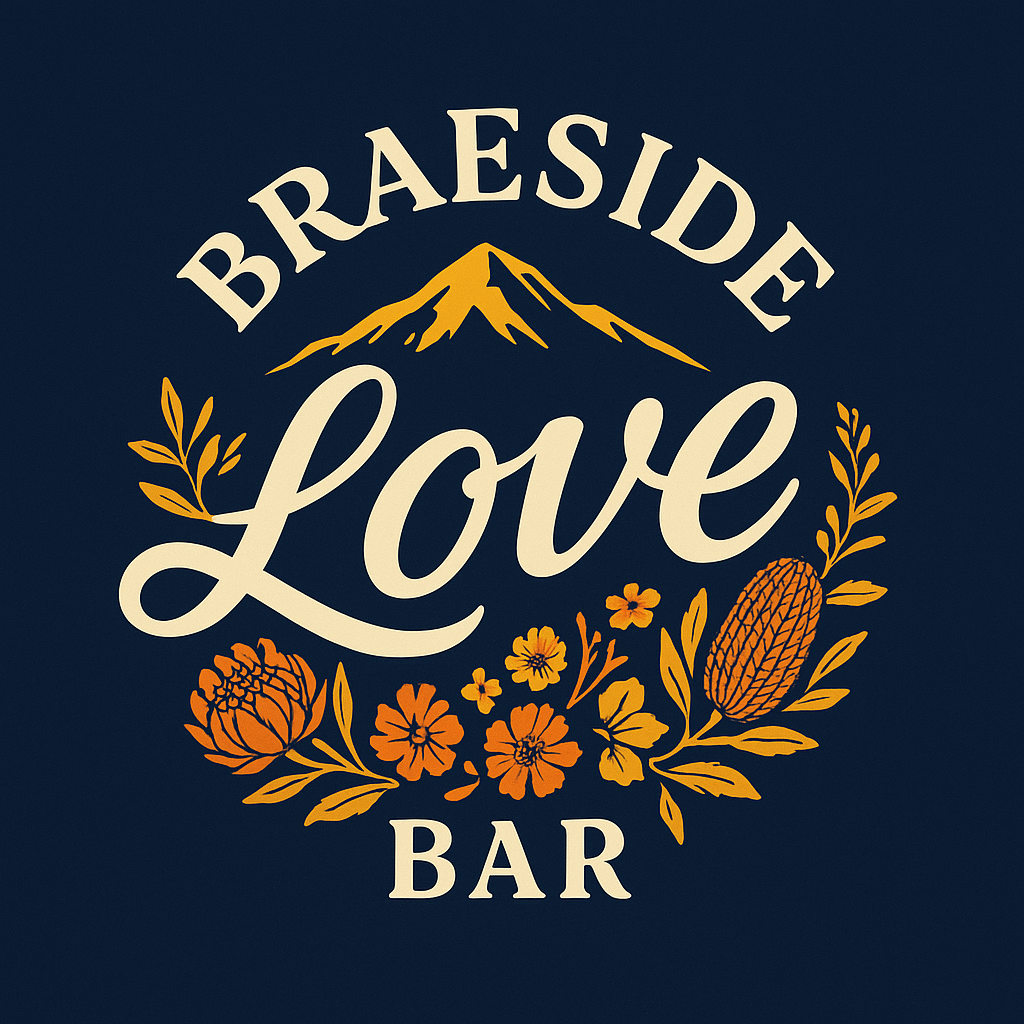 Graphic design for Braeside Love Bar featuring a mountain, floral elements, and text on a dark background.