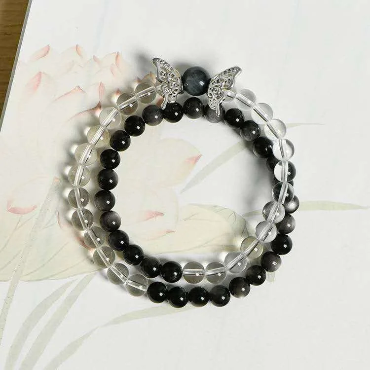🖤 Black Moonlight & Clear Quartz Butterfly Bracelet