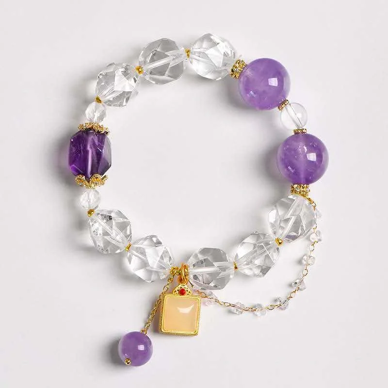 Royal Amethyst & Crystal Bracelet – Clear Quartz with Gold Charm for Clarity and Grace