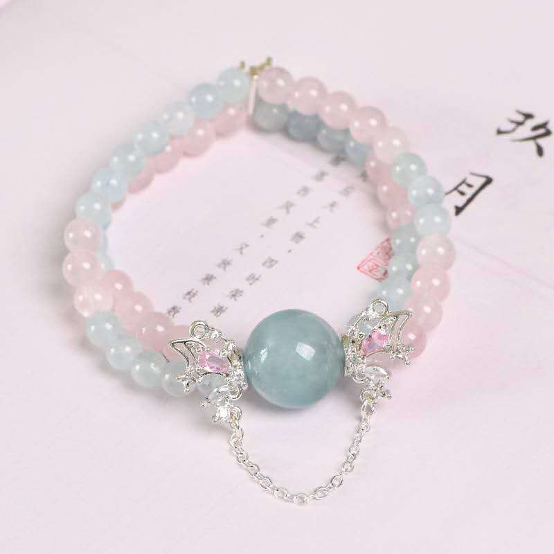 Aquamarine & Rose Quartz Butterfly Charm Bracelet – Double Strand