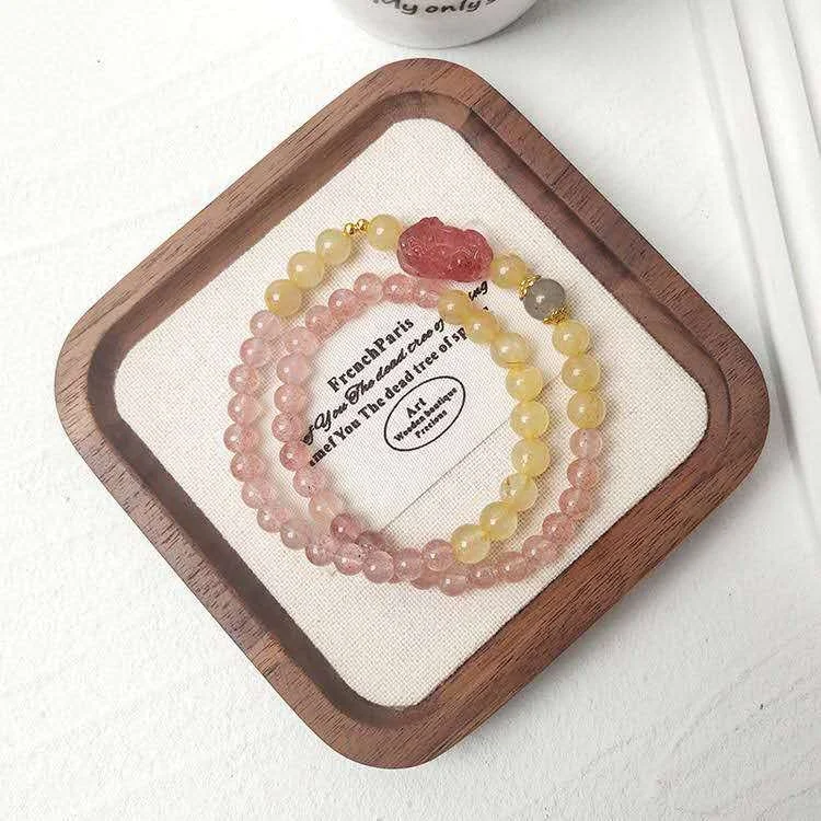 Strawberry Quartz & Honey Jade Double Bracelet with Pixiu Charm