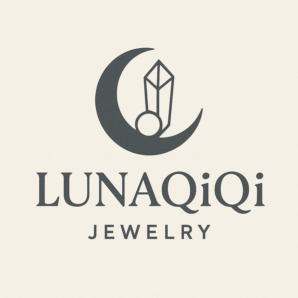 Logo for LunaQiQi Jewelry featuring a crescent moon, a geometric crystal, and a small circle with the brand name and the word 'Jewelry'.