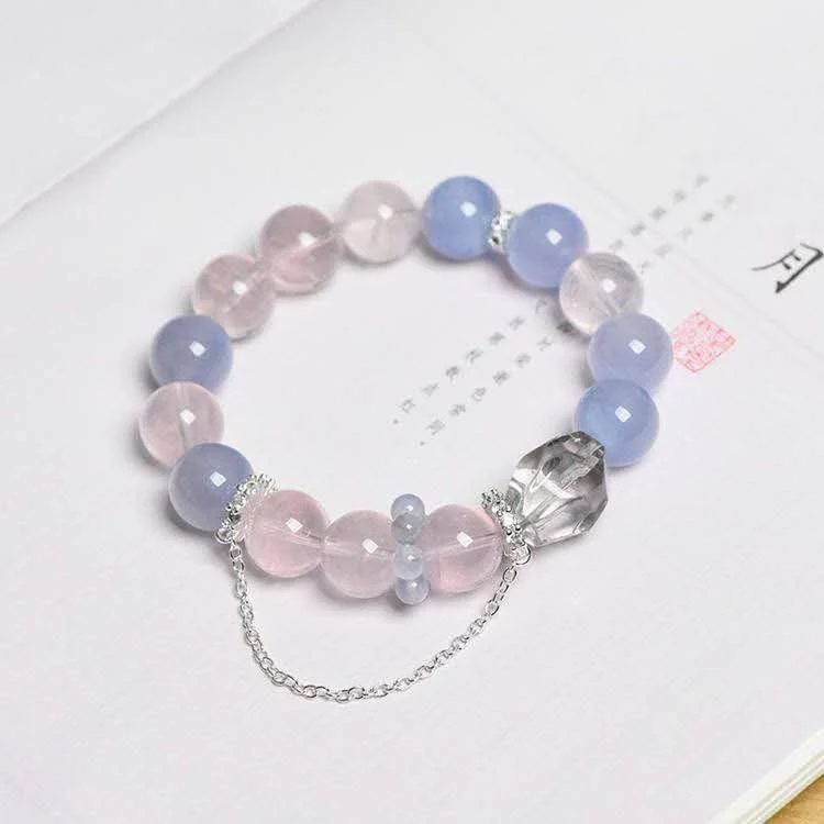 Harmony Moon Bracelet – Rose Quartz, Blue Chalcedony & Clear Crystal Bead for Calm and Love