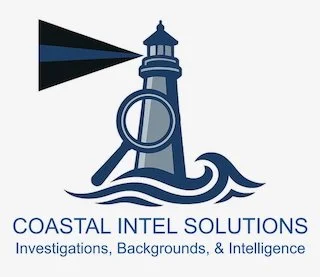 Logo of Coastal Intel Solutions featuring a lighthouse with a magnifying glass at the base and waves, with the company name and tagline 'Investigations, Backgrounds, & Intelligence'.