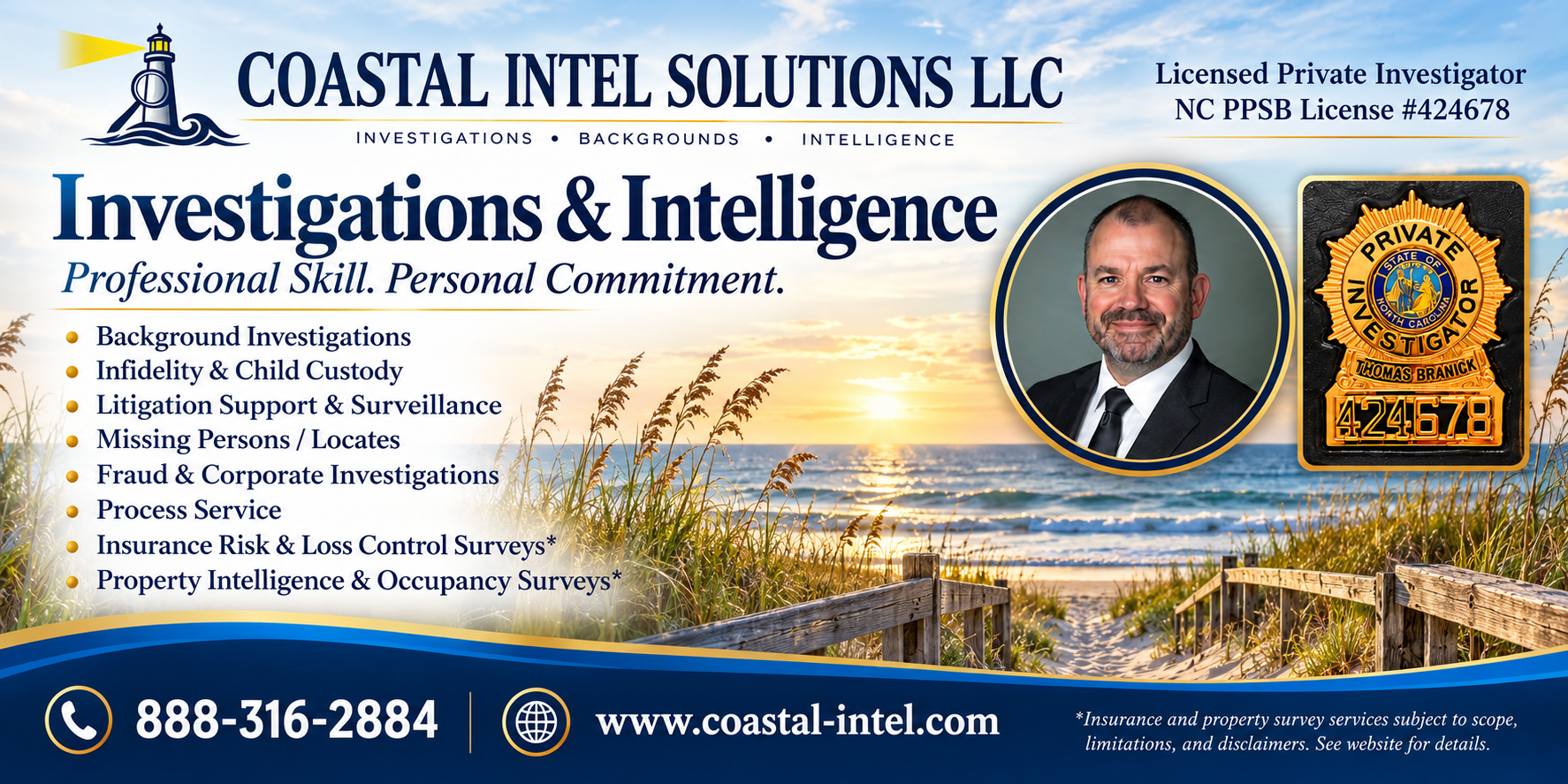 Coastal Intel Solutions LLC advertisement featuring Thomas Branick, licensed North Carolina private investigator, against a coastal beach background. Services include background investigations, surveillance, fraud investigations, missing persons, pro
