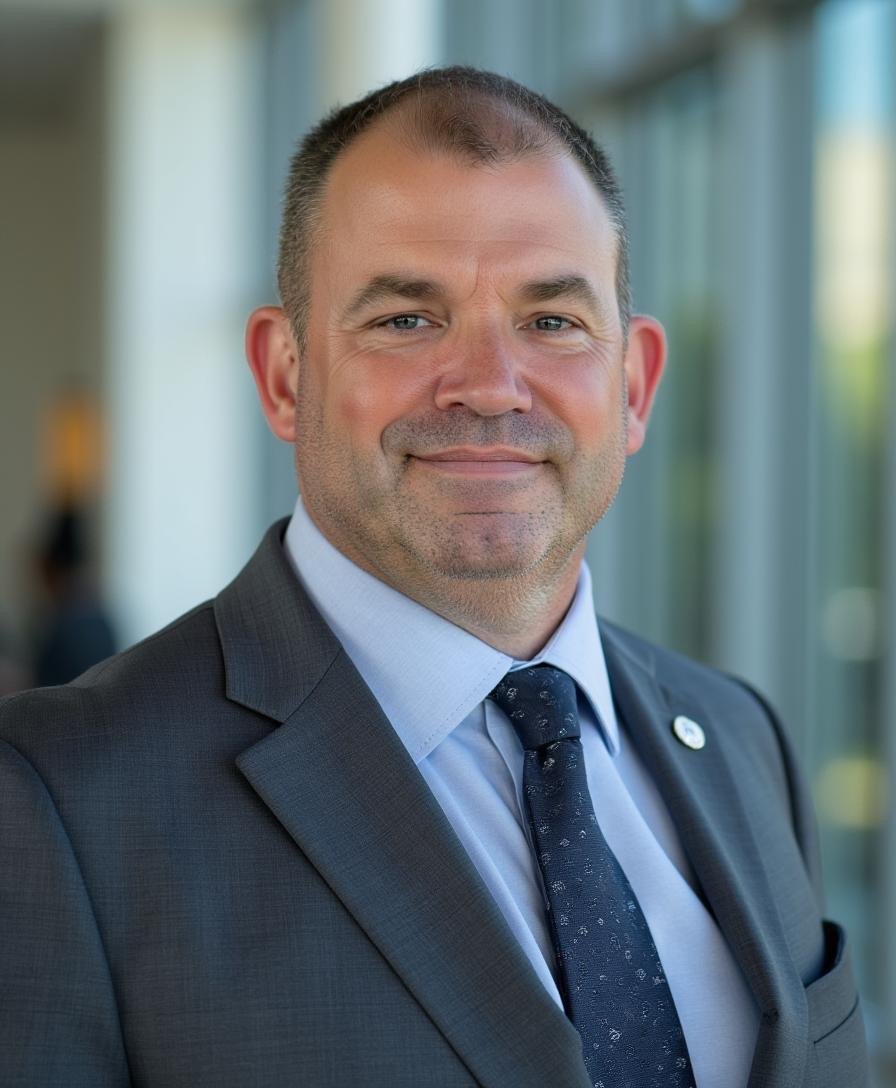 Professional man in suit smiling indoors with windows in the background.