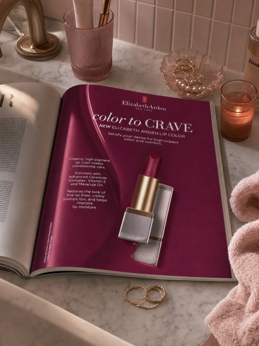 Color to Crave national print ad for Elizabeth Arden Ceramide lipstick, shown open in a magazine