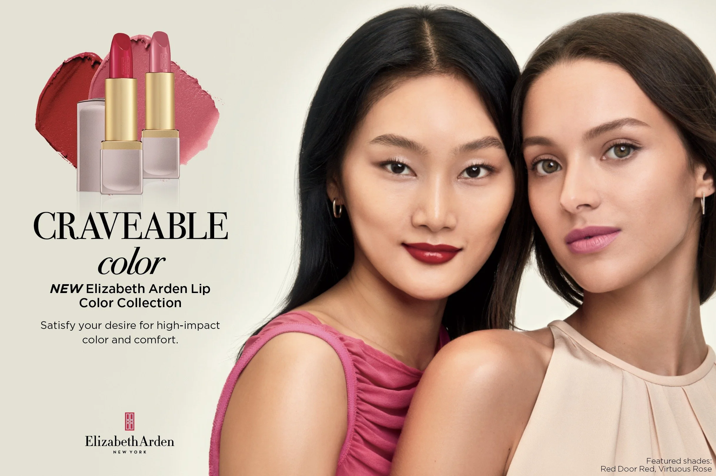 Craveable Color duratran for the Elizabeth Arden Lip Color Collection, featured shades Red Door Red and Virtuous Rose