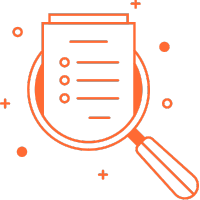 Magnifying glass examining a checklist on a clipboard with three bullet points, illustrated in orange on a dark background.