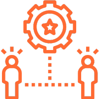 Icon of two human figures connected by a dotted line, with a gear and star symbol above them, representing teamwork or collaboration.